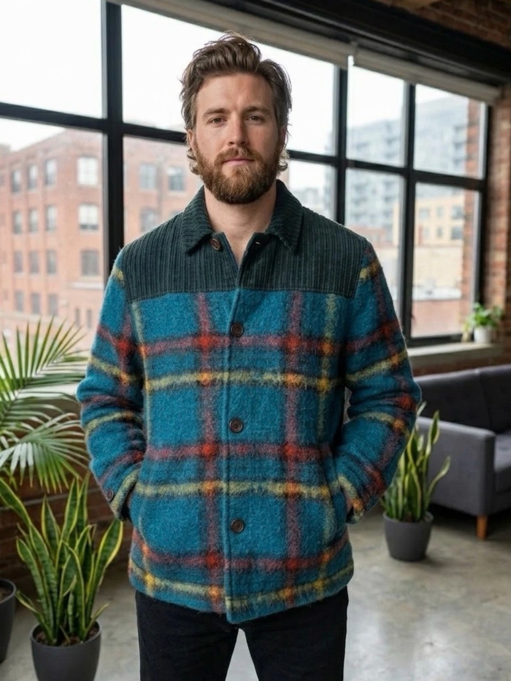 Zara Fleece 2-Tone Plaid Relaxed Fit Men's Coat - Green Plaid - Size XL EUC